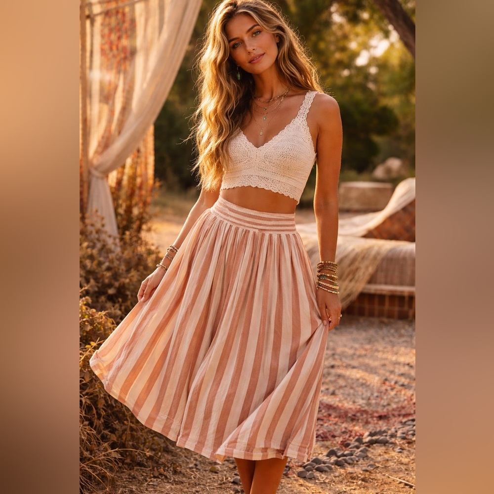 Free People Pink and Cream Striped Circle Skirt